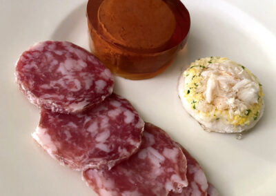 Salame, pate and egg-crab bites